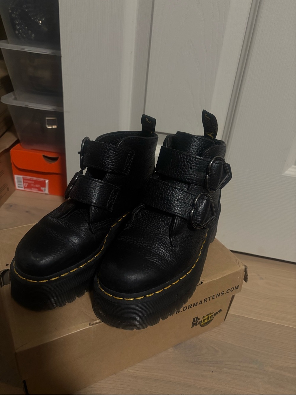 Dr. Martens Black Leather Platform Heart Shaped Buckle Boots - Picture 2 of 3